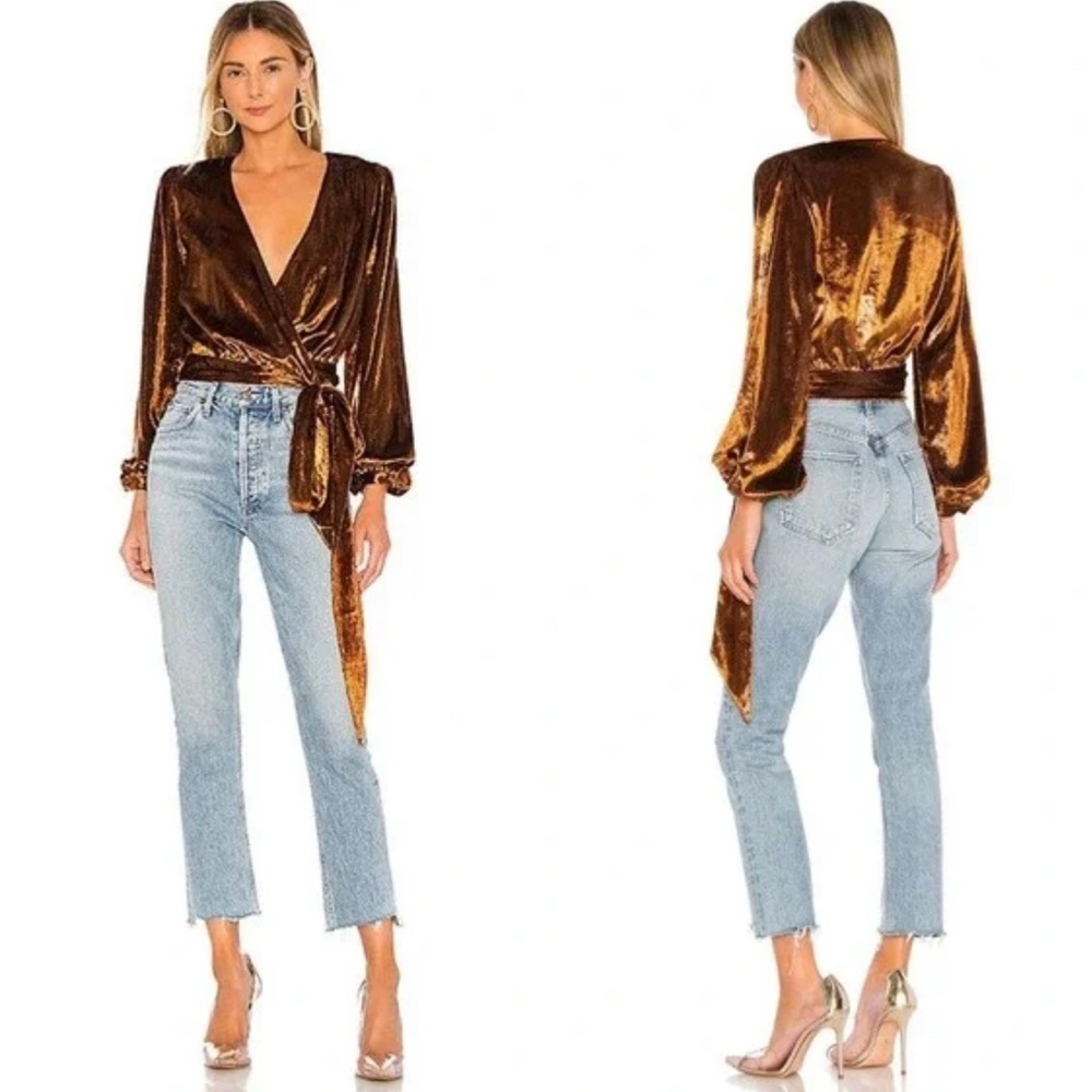 Lovers And Friends Bronze Velvet Kelly Wrap Top Size Small